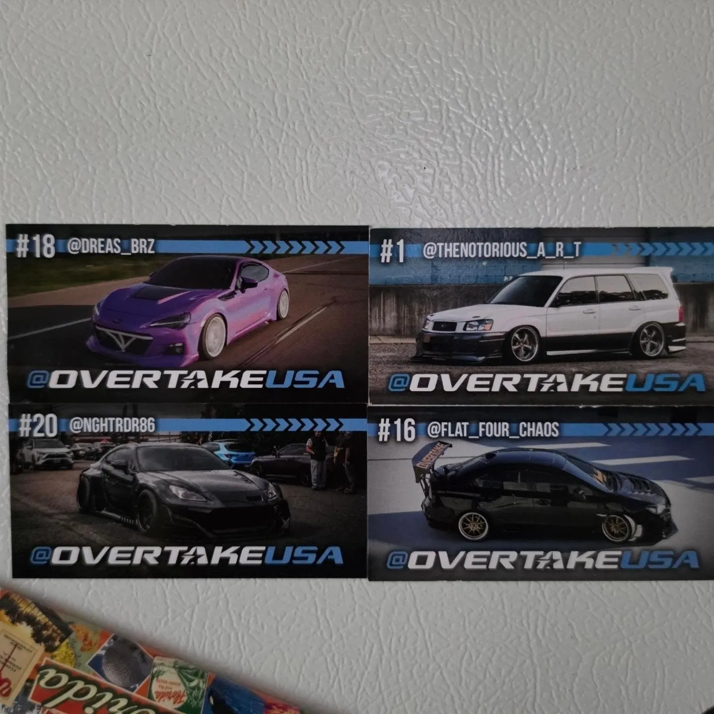 Overtake sticker collection on the fridge