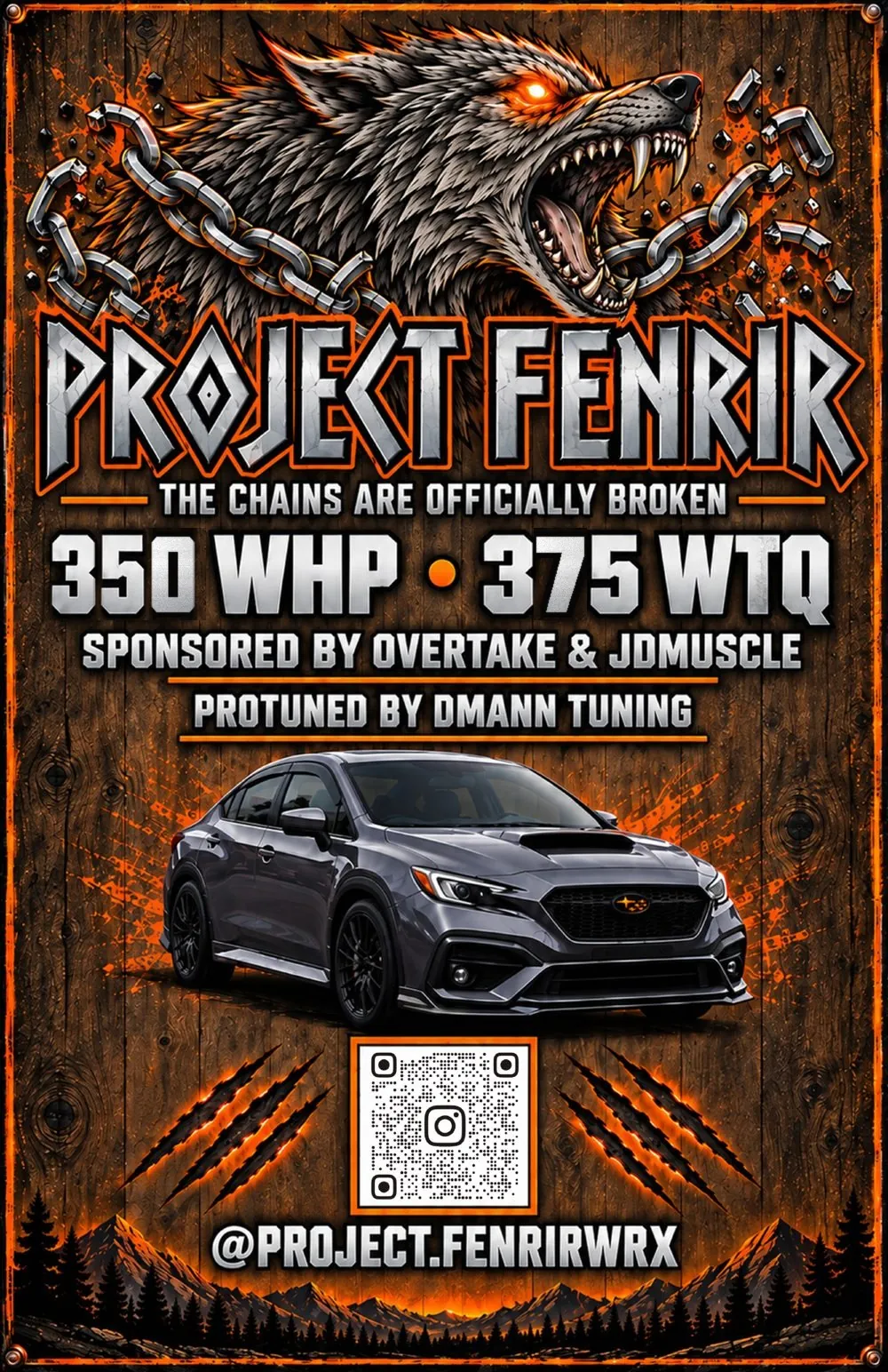 Project Fenrir show board: wolf breaking chains, sponsors and Instagram QR code