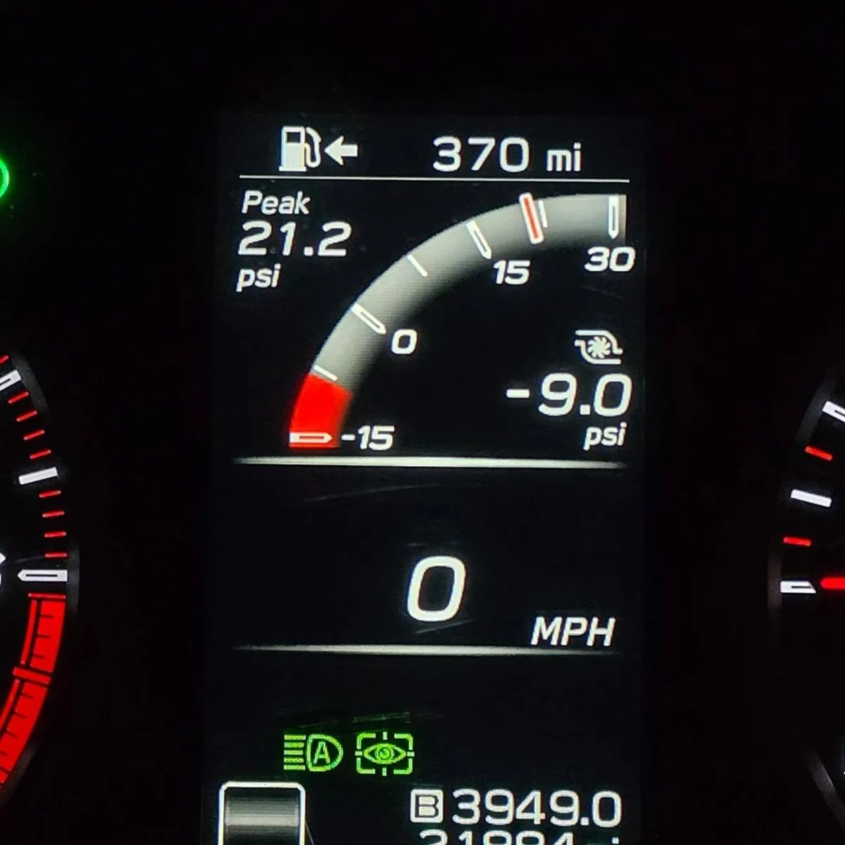 Dash gauge showing a 21.2 psi peak