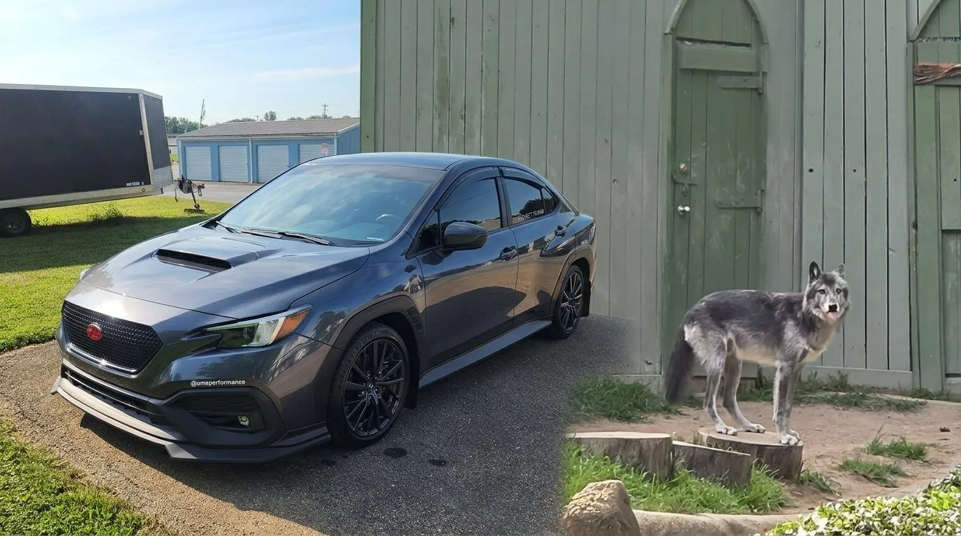 Fenrir beside a wolf statue