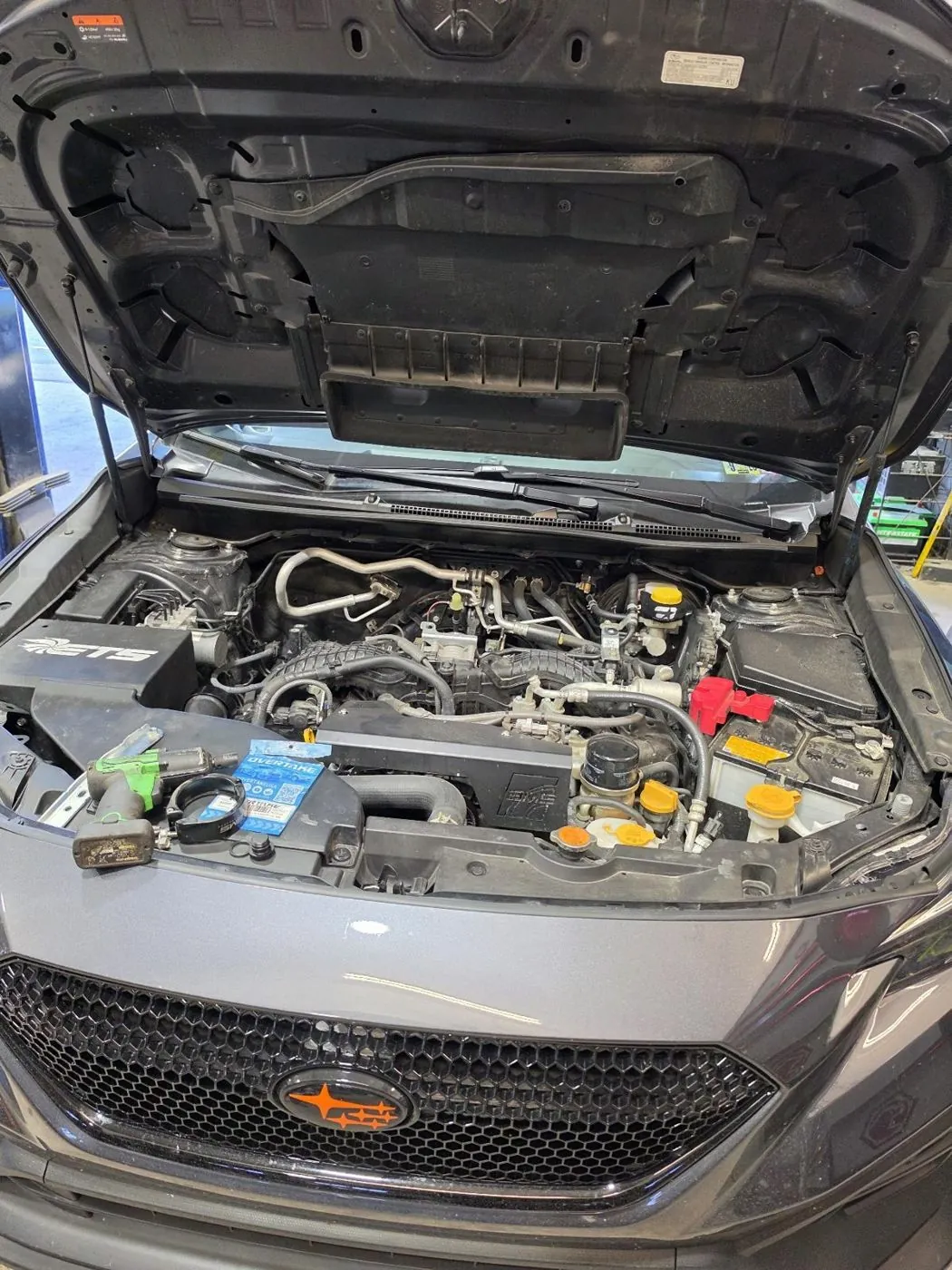 Oil change, hood up