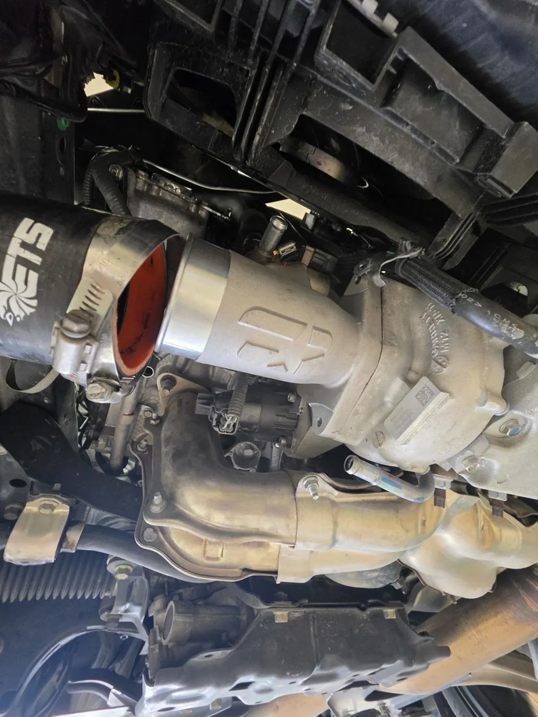 Overtake turbo inlet meeting the ETS piping, from below